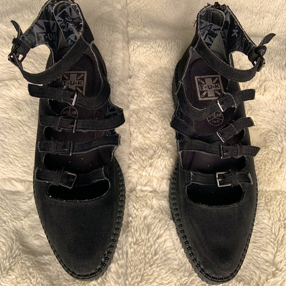 T.U.K Black faux suede Mary Jane multi strap creeper sz 9